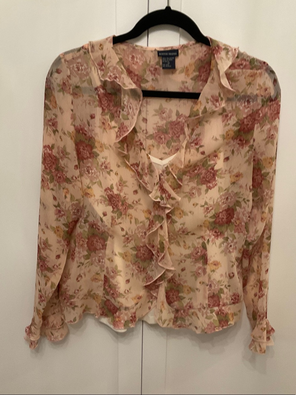 Boston Proper Sheer Floral Ruffle Blouse - Cream with Pink & Green